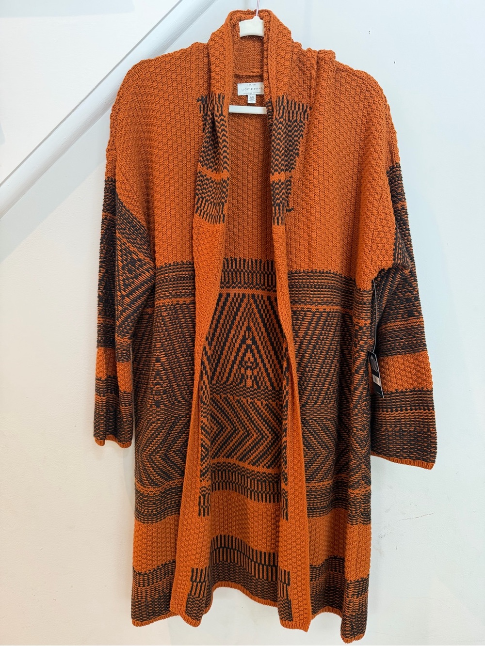 Lucky Brand Rust/Orange and Black Geometric Open-Front Cardigan NWT large